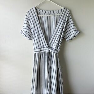 Gap Cotton-Linen Modest Midi Dress Striped Blue White 2 XS S
